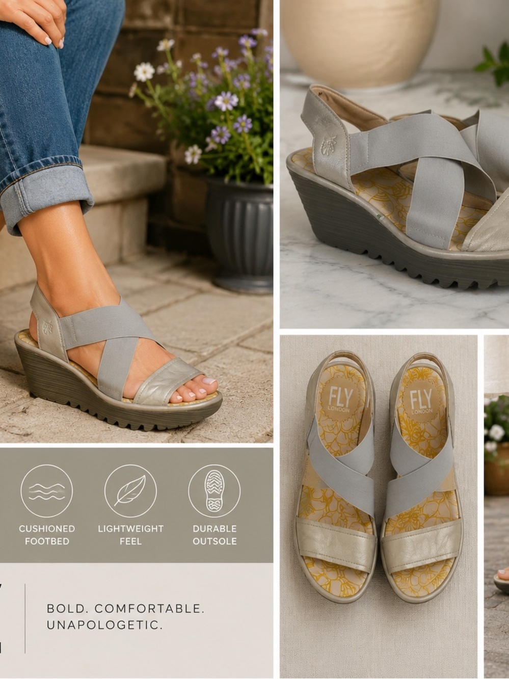 Fly London Yaji Wedge Sandals Gray Leather Elastic Comfort Casual EU 42 US 11